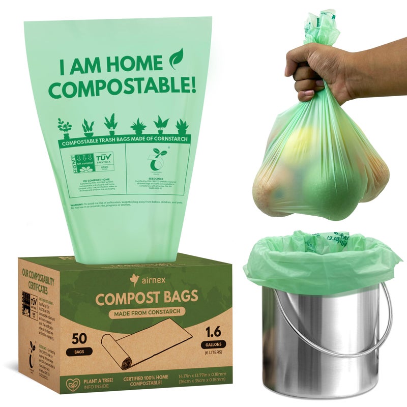 AIRNEX 50 Small Compost Bags for Countertop Bin 16 Gal Cornstarch Compost Trash Bags Leakproof Tear Resistant Compostable Bags for Kitchen Compost Bin OK Compost Home Seedlings Certified